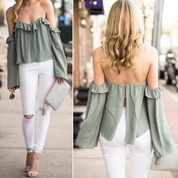 4SI3NNA Tops - 4SI3NNA Sage Green Ruffle off-the Shoulder Long Wide Sleeve Crop Top Women's S